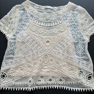 Zara Ivory cropped lace blouse Top Size S lined